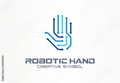 Robotic hand creative symbol concept. Digital technology, cyber security abstract business logo. VR touch, electronic, automation, ai cyborg icon
