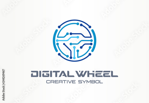 Digital steer wheel creative symbol concept. Electric car, autonomous vehicle abstract business logo. Driverless transport, automation tech icon