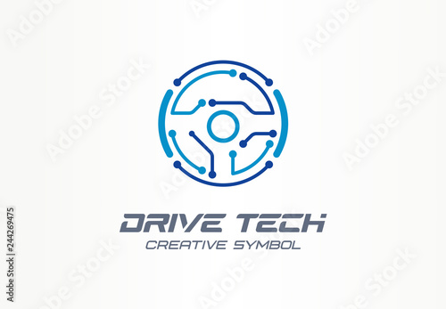 Drive tech creative symbol concept. Autonomous car, futuristic auto technology abstract business logo. Driver less vehicle, vr steer wheel icon.