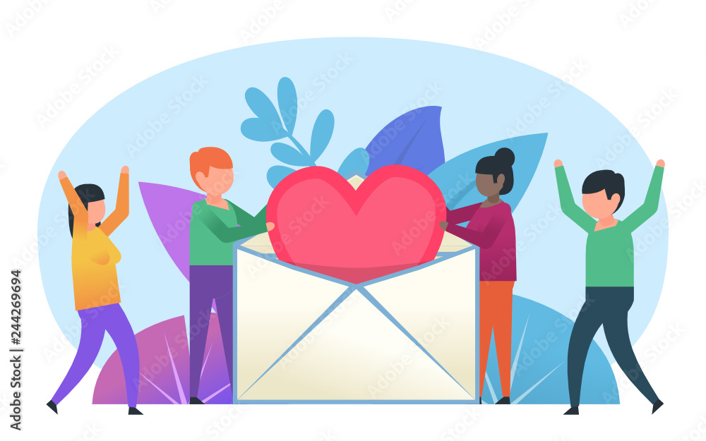 ST Valentines day poster. Small people stand near big love letter. Poster for web page, banner, presentation, social media. Flat design vector illustration ST Valentines day poster. Small people stand near big love letter. Poster for web page, banner, presentation, social media. Flat design vector illustration