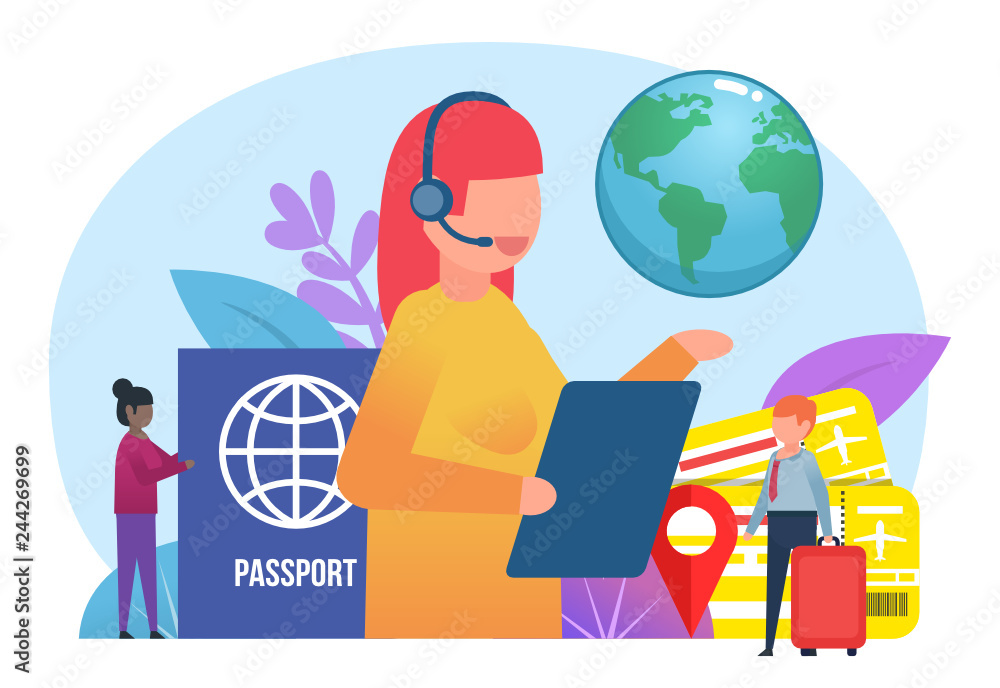 Travel, tourism concept. Small people stand near big female travel agent. Poster for web page, banner, presentation, social media. Flat design vector illustration Travel, tourism concept. Small people stand near big female travel agent. Poster for web page, banner, presentation, social media. Flat design vector illustration