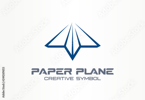 Paper plane creative messenger symbol concept. Letter shaped arrow abstract business communication logo. Contact telegram, send mail message icon.