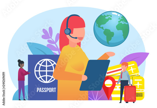 Travel, tourism concept. Small people stand near big female travel agent. Poster for web page, banner, presentation, social media. Flat design vector illustration