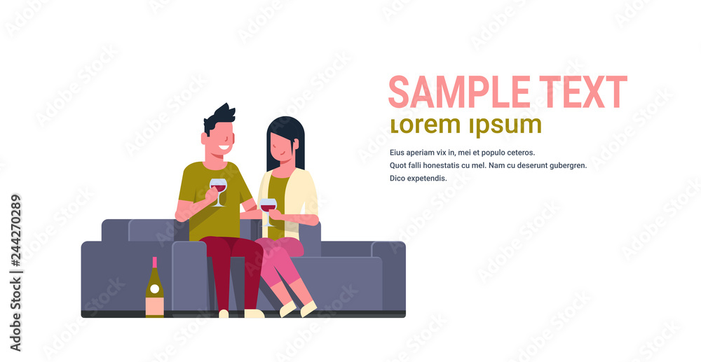 young couple drinking wine man woman lovers sitting on couch happy valentines day holiday celebration concept flat horizontal isolated copy space vector illustration young couple drinking wine man woman lovers sitting on couch happy valentines day holiday celebration concept flat horizontal isolated copy space vector illustration