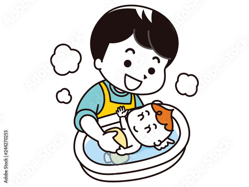 赤ちゃんを沐浴させるお父さん