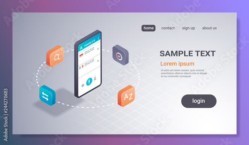 mobile translator application online translation concept smartphone screen internet dictionary learning language app 3d isometric flat horizontal copy space
