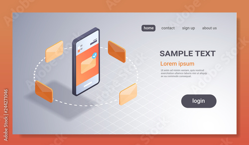 mobile application email notification concept new inbox unread letter e-mail message 3d isometric smartphone screen internet communication flat horizontal copy space