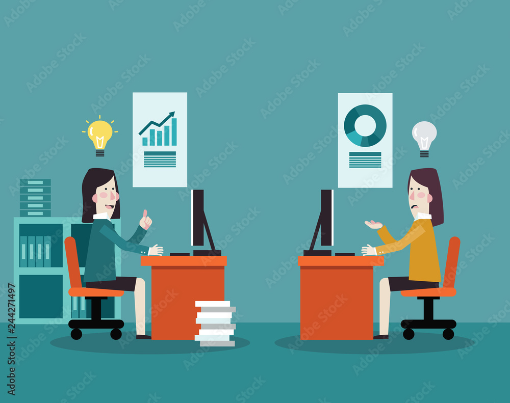 Business women working in office at computer. Concept of business competition Business women working in office at computer. Concept of business competition