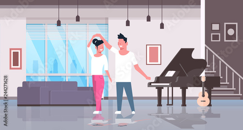 couple dancing man woman happy lovers home hall musical instruments piano guitar modern apartment interior male female cartoon characters full length flat horizontal
