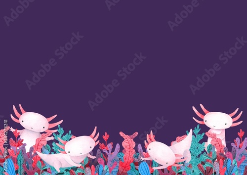 Colorful water plants and sea weed frame with cute axolotl