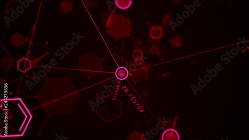 Abstract futuristic hexagon  dot circle and line network structure with random number red color black background. Computer network connection digital technology illustration concept.