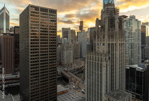 Chicago downtown buildings skyline evening sunset