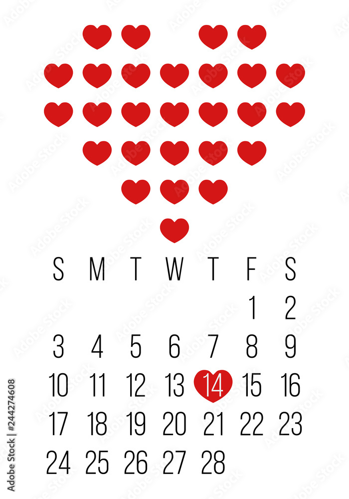 big heart shape with small hearts, february 2019 calendar grid