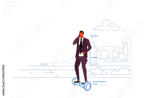 businessman riding electric scooter business man talking smartphone male office worker eco transport concept city urban park landscape sketch doodle horizontal