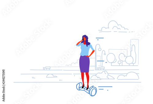 businesswoman riding electric scooter business woman talking smartphone female office worker eco transport concept city urban park landscape sketch doodle horizontal