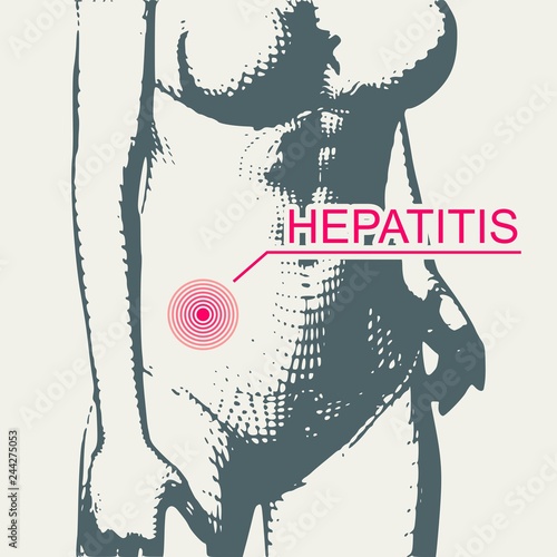 Hepatitis text. Silhouette of woman suffering from liver disease. Connected lines with dots.