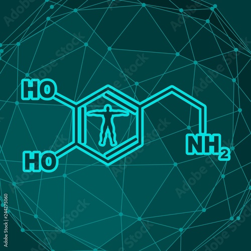 Chemical molecular formula hormone dopamine. Infographics illustration. Man silhouette
