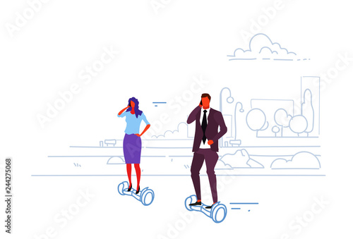 businesspeople riding electric scooter business woman man talking smartphone office workers eco transport concept city urban park landscape sketch doodle horizontal
