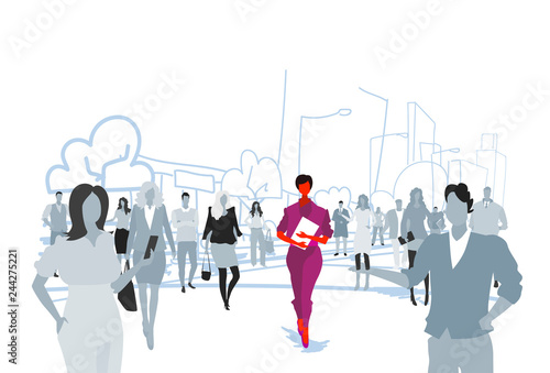 businesswoman holding folder standing out from crowd people silhouettes individuality leadership concept cityscape background sketch doodle horizontal vector illustration