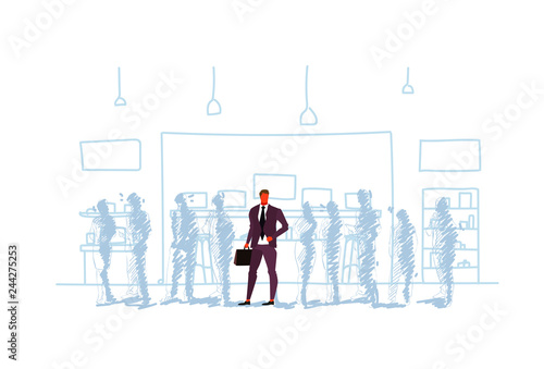 businessman standing out from crowd people silhouettes individuality leadership concept male full length character modern office interior sketch doodle horizontal vector illustration