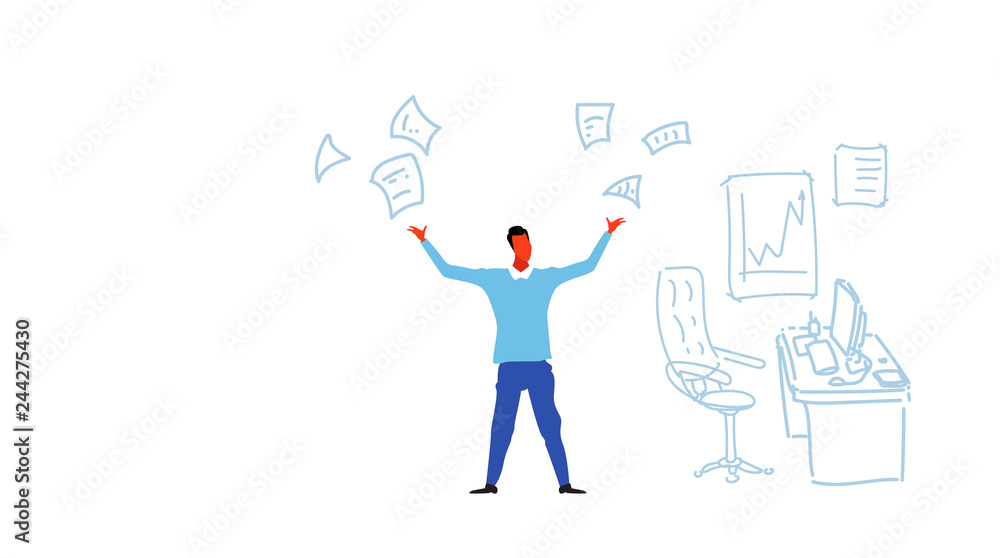 angry businessman throwing paper documents stress problem concept overworked business man hardworking furious character modern office interior sketch doodle horizontal vector illustration angry businessman throwing paper documents stress problem concept overworked business man hardworking furious character modern office interior sketch doodle horizontal vector illustration