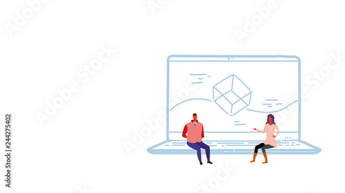 business couple sitting laptop computer app development concept screen interface application design male female developers brainstorming sketch doodle horizontal vector illustration
