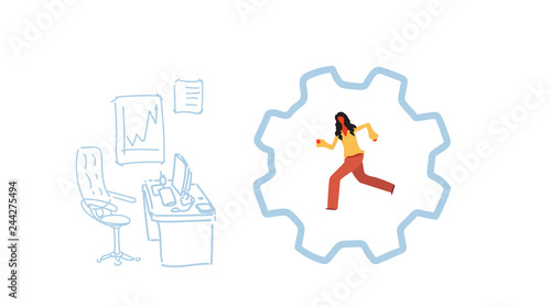 Businesswoman running cog wheel deadline hardworking process