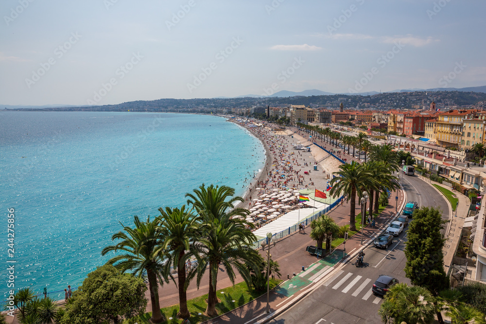 Nice France July 10th 2015 : Elevated view of the beach at Nice and the Promenade des Anglais walkway in the south of France