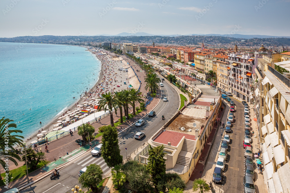 Elevated view of the beach at Nice and the Promenade des Anglais walkway in the south of France
