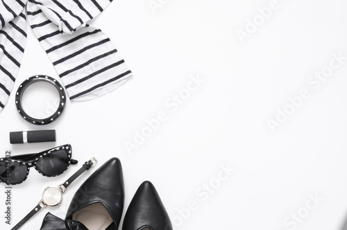 Set of black and white woman clothes and accessories