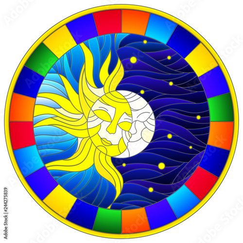 Illustration in stained glass style   abstract sun and moon in the sky round image in bright frame 