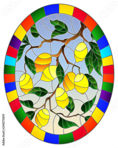 Illustration in stained glass style with lemon branches  leaves and fruits on sky background   oval image in bright frame