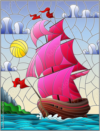 Illustration in stained glass style with sailboats with pink sails against the sky, the sea and the sunrise