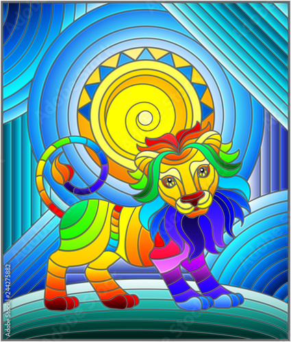 Fototapeta Naklejka Na Ścianę i Meble -  Illustration in stained glass style with funny rainbow lion and sun on abstract background