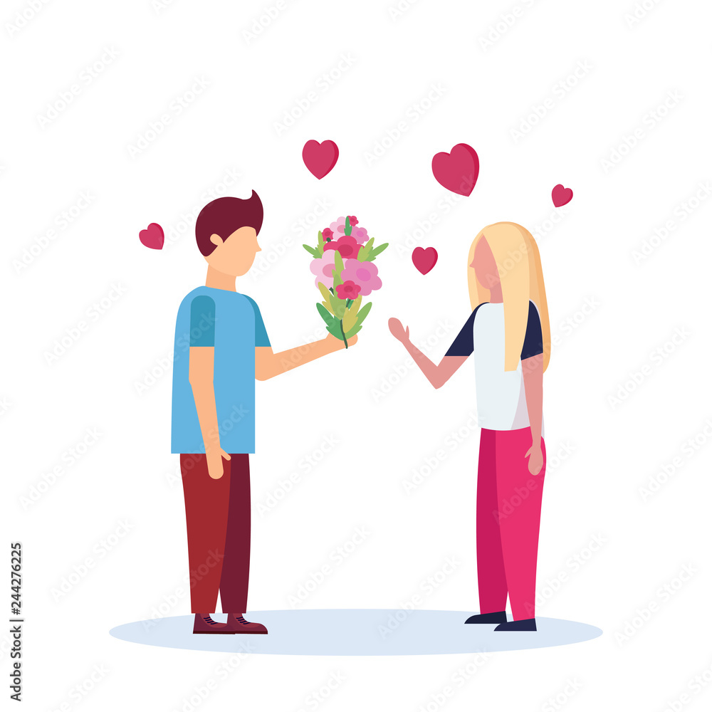 Man giving woman flowers bouquet happy valentines Man giving woman flowers bouquet happy valentines