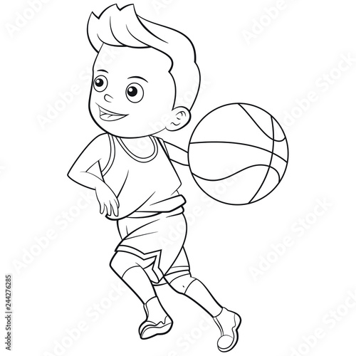 Cartoon boy playing basketball in outline