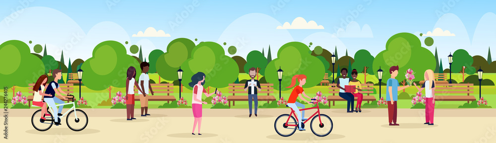 people riding bicycle walking city urban park celebrating happy valentines day holiday concept mix race men women lovers relaxing outdoor landscape background flat horizontal