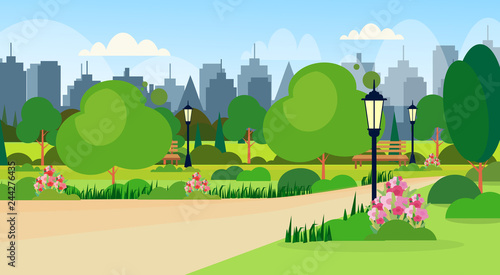 landscape of city public summer park scene wooden bench street lamp modern buildings skyline cityscape background flat horizontal