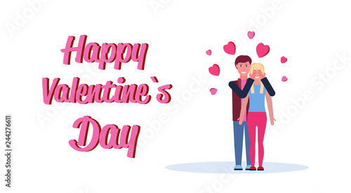 man closing womans eyes playing guess who game happy valentines day holiday concept couple in love over heart shapes greeting card horizontal isolated flat