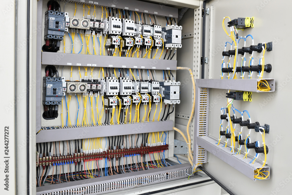 Electric cable wiring supply and switch board in the control panel board  Stock Photo | Adobe Stock