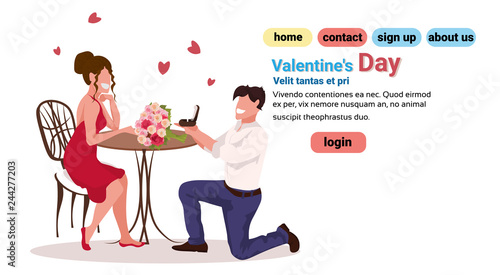 man kneeling holding engagement ring proposing to woman marry him happy valentines day concept couple in love marriage offer full length characters horizontal copy space