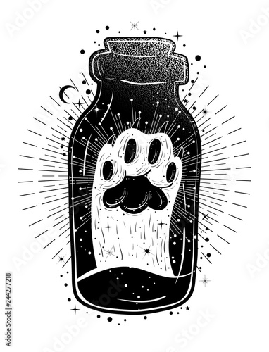 Magic potion: bottle jar with cat's paw inside. Tattoo art style illustration. Bohemian and gypsy motifs.