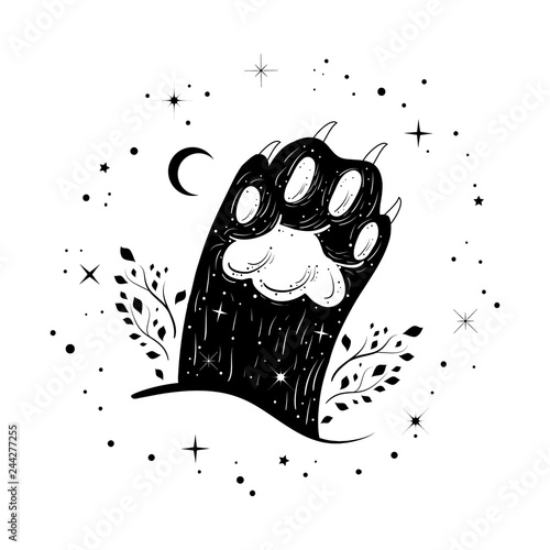 Cute dark witchy illustration with cat's paw. Tattoo art style. Gothic motifs.