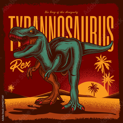 Vector illustration of a vintage dinosaur style on the beach at sunset background