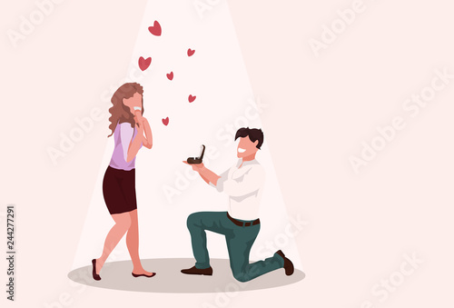 man kneeling holding engagement ring proposing to surprised woman marry him happy valentines day concept couple in love marriage offer full length horizontal vector illustration