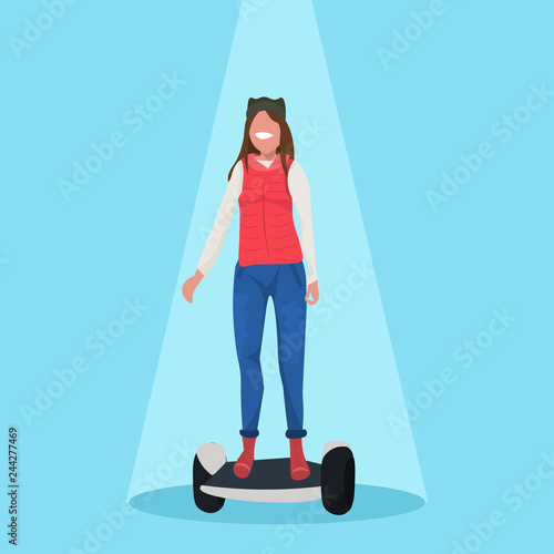 happy woman riding electric scooter girl standing on modern personal transport concept female cartoon character flat vector illustration