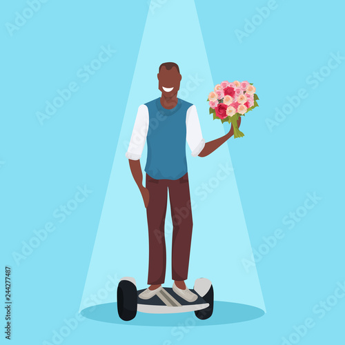 happy man riding electric scooter holding flowers bouquet holiday celebration concept modern personal transport agrican american male cartoon character flat