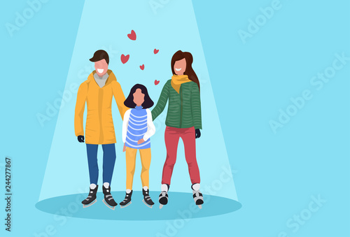 father mother and daughter skating ice rink family wearing winter clothes holding hands holiday activities concept female male cartoon characters full length flat horizontal