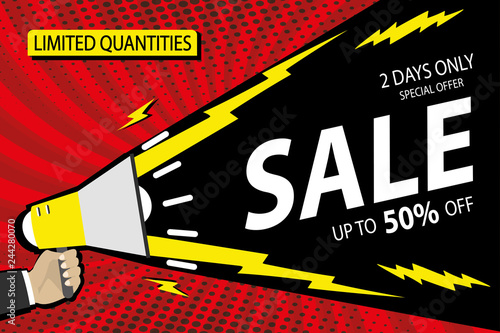 Hand holding megaphone and text SALE comic pop art design