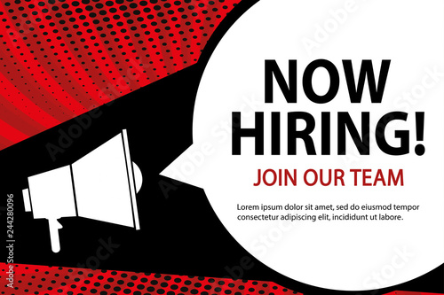 White megaphone and speech bubble with text- now hiring,